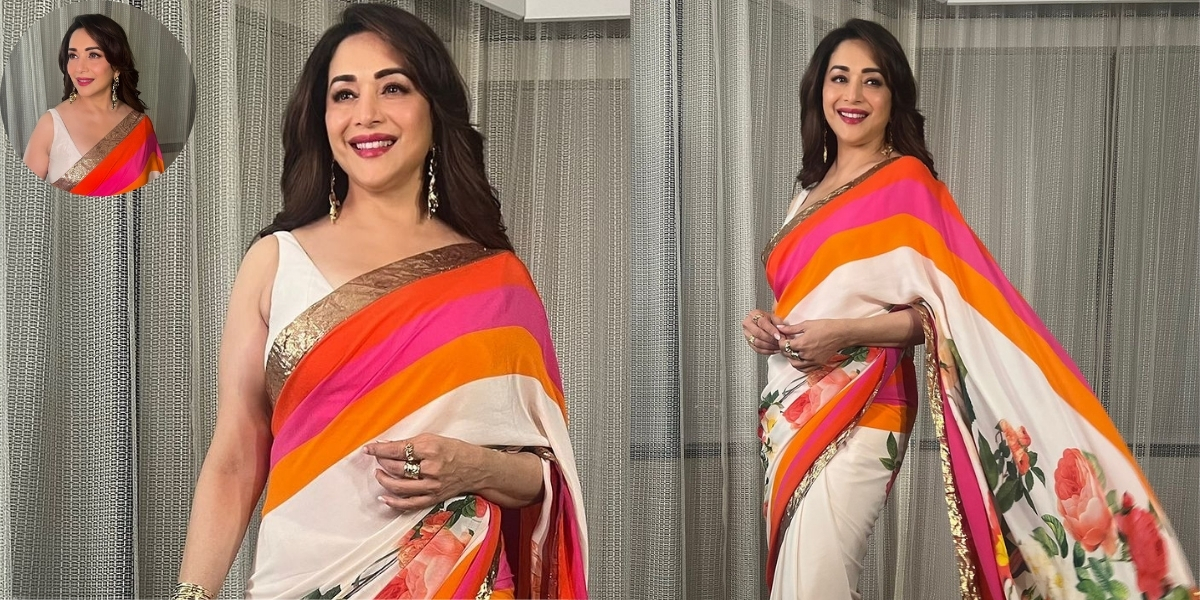 Madhuri Dixit Continues to Shine as the Dhak-Dhak Girl, Setting Fashion Goals for Millennials and Gen-Z in a Vibrant Floral Saree